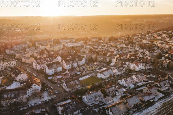 Panoramic view of a city at sunrise with golden light and peaceful atmosphere, Calw, Calw district,