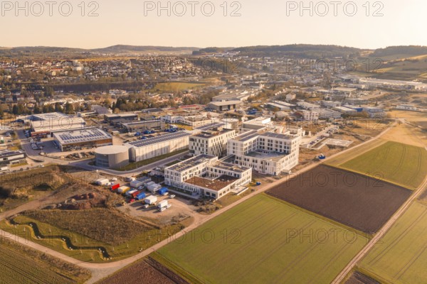 Large urban and industrial area in the middle of a hilly region, new hospital at the Calw health