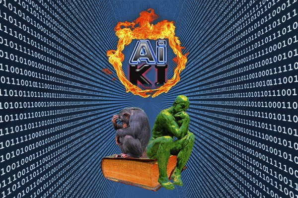 Symbolic picture, humor picture, AI and AI in the ring of fire, thinker among himself, Rodin's