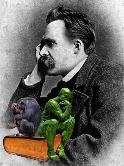 Symbolic picture, humor picture, thinker among himself, Friedrich Nietzsche, Rodin's thinker,