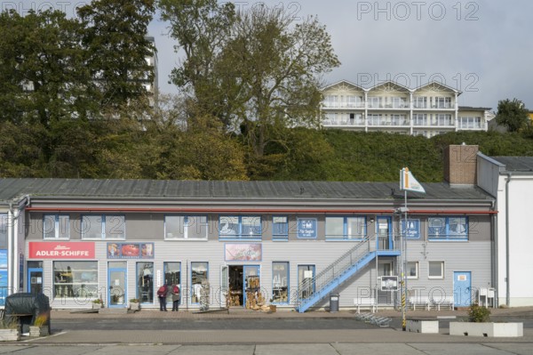 Shops at the city harbor, Sassnitz, Rügen, island, Baltic Sea, Mecklenburg-Western Pomerania,
