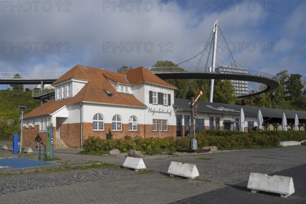 Hafenbahnhof am Stadthafen, in the back the footbridge, Sassnitz, Rügen, island, Baltic Sea,