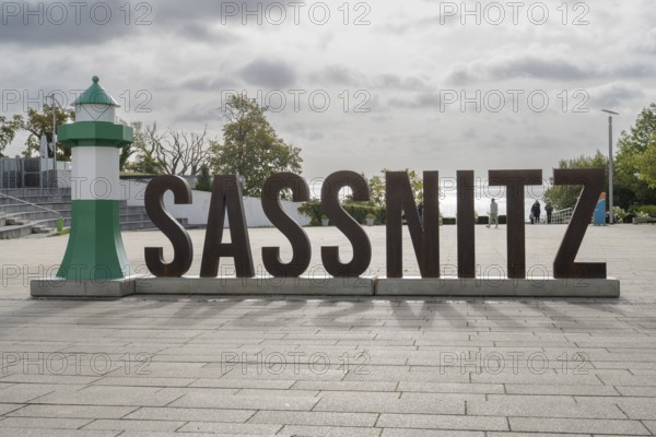 The word Sassnitz, written with capital letters with a replica of the lighthouse, Sassnitz, Rügen,