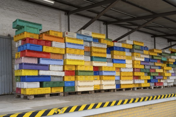 Numerous colored containers are stacked at a warehouse, Sassnitz, Rügen, Insel, Baltic Sea,