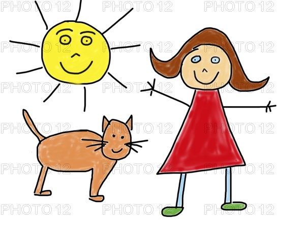Naive illustration, child drawing, happy girl with cat, sun