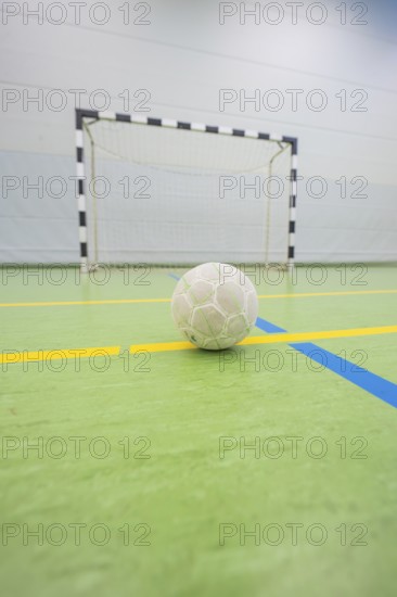 A handball is on a yellow stripe in front of a goal in a hall, Handball, Calw, Germany