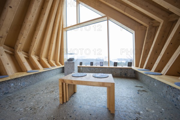 Interior with large window and minimalistic wooden design elements, Sinnraum, Oberreute, Allgäu,