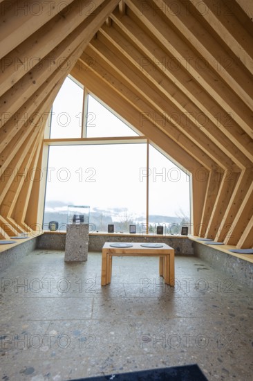 Modern room with large panoramic window and views of the countryside, Sinnraum, Oberreute, Allgäu,