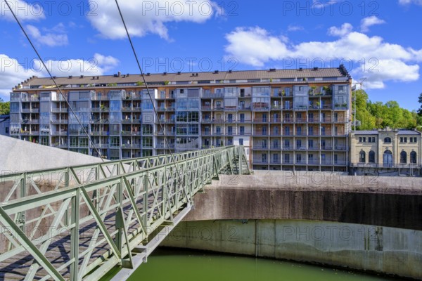 Old renovated spinning mill and dam, hydroelectric power plant on the Iller, Kempten, Oberallgäu,