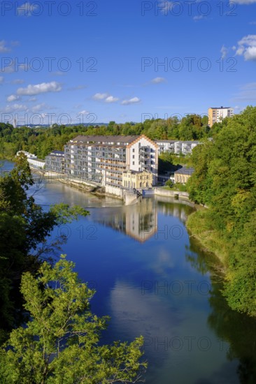Old renovated spinning mill and dam, hydroelectric power plant on the Iller, Kempten, Oberallgäu,
