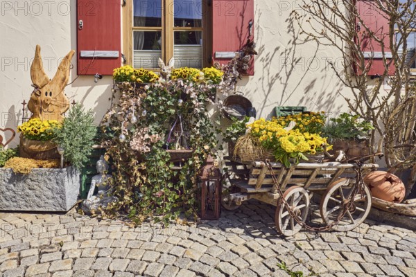Easter decoration, wooden Easter bunny, historic handcart, flower pots, plant pots, plant pots,