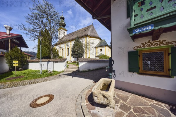 St. Michael church, pump with well trough, building, general development, street sign, wall with