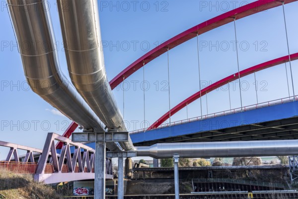 Iqony district heating pipes at the city port, crosses the Rhine-Herne Canal in Essen, A42 motorway