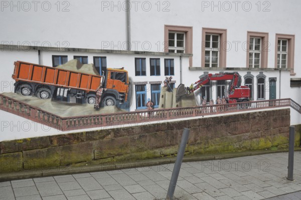 Mural construction by Jaune 2020, alleyway art, graffiti, excavator, dump truck, construction site,