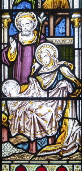 Detail of stained glass window depicting the nativity by Clayton and Bell, church of Saint James,