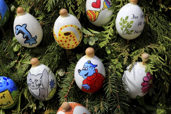 Detail, eggs painted by children, captain bluebear, Easter fountain in Heiligenstadt, Franconian