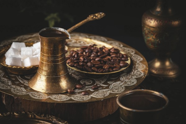 Traditional oriental scene with golden coffee pot and sugar cubes on decorative tray