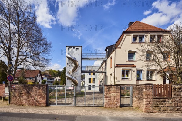 Catholic kindergarten St. Michael, slide, play equipment, commercial building, modern architecture,