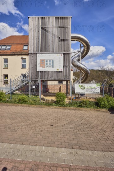 Kindergarten, slide, St. Michael Catholic Kindergarten, building, modern architecture, parking