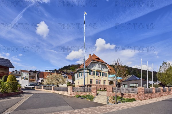 Town hall, maypole, sandstone wall, wooden fence, roads, commercial buildings, residential
