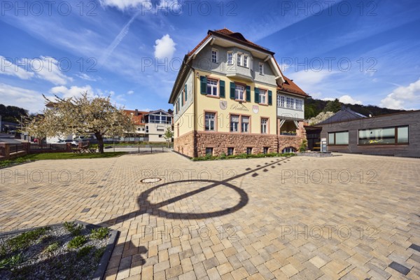 Town hall, commercial building, general architecture, shade of a maypole, hill, coniferous forest,