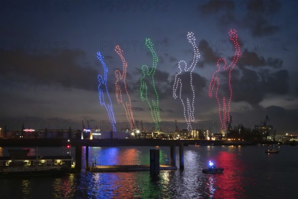 Drone light show over the Elbe as part of the Hamburg Olympic bid on 26.02.2026, Landungsbrücken,