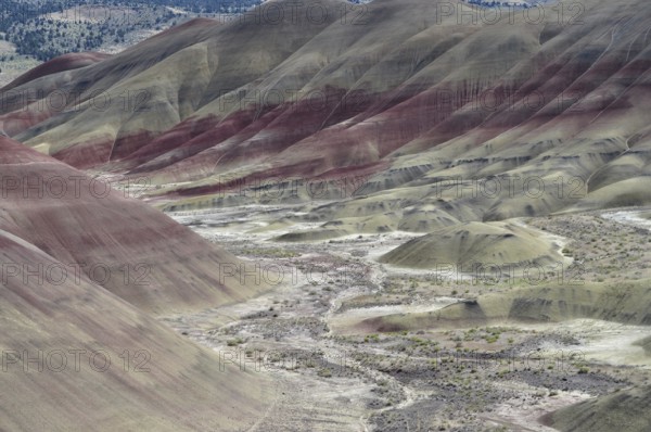 Detailed view of colorful hills with bright shades of red and yellow, natural formations, John Day