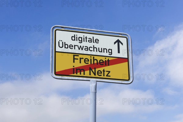 (photo montage) Exit sign with the text FREEDOM ON THE NET and DIGITAL SURVEILLANCE against a blue