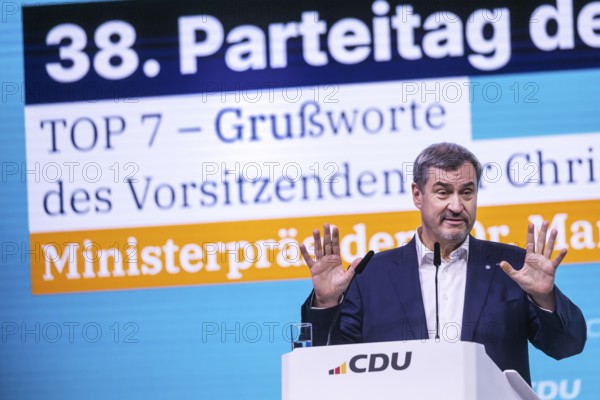 38th Federal Party Congress of the CDU of Germany in Stuttgart. Greetings from Markus Söder, party