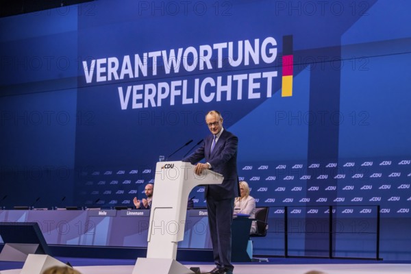 38th party congress of the CDU of Germany in Stuttgart. Merz in the lectern and party conference