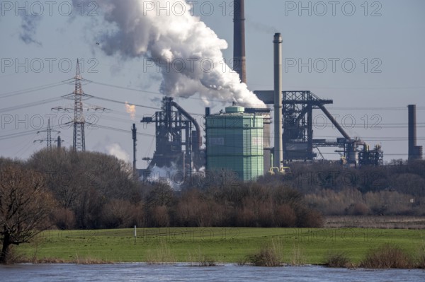 Backdrop of the HKM steelworks, Krupp-Mannesmann steel mill, blast furnaces, gasometer, coking