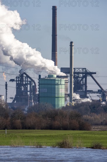 Backdrop of the HKM steelworks, Krupp-Mannesmann steel mill, blast furnaces, gasometer, coking
