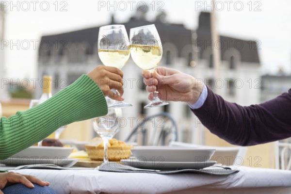 A joyful outdoor gathering of friends toasting with white wine glasses on a rooftop The festive