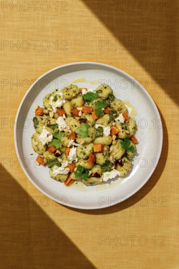Top view of a gourmet dish featuring Italian gnocchi dressed with green pesto sauce, sprinkled with
