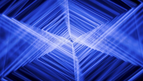 This image features a striking blue-toned 3D render depicting abstract geometrical shapes