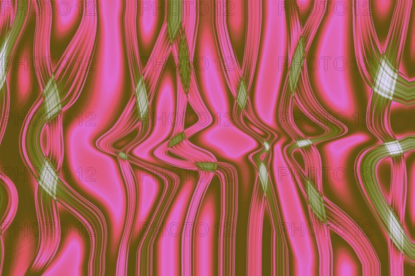 A vibrant abstract pattern with pink and green wavy lines, creating a dynamic visual effect.