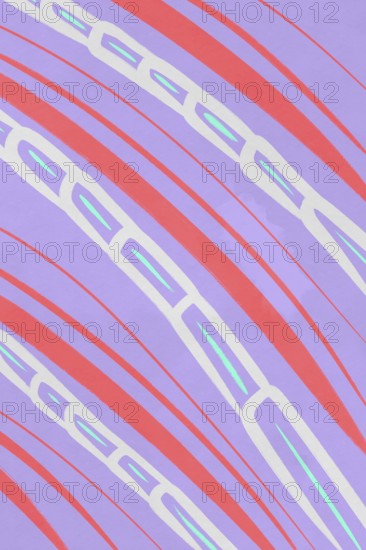 A contemporary, minimalistic illustration featuring repetitive purple and red chain patterns with