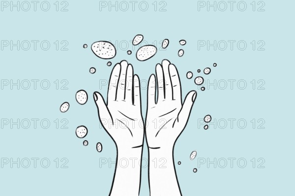 A health-themed illustration depicting two hands surrounded by germs on a light blue background