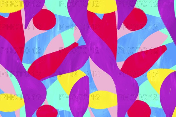 A lively abstract illustration featuring vibrant geometric shapes in bold colors of red, blue,