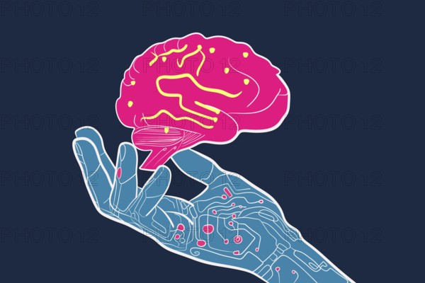 A vibrant illustration depicting a robotic hand holding a human brain, symbolizing the synergy