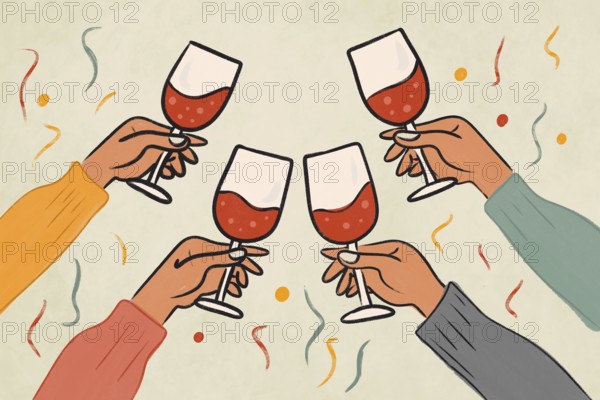A vibrant illustration of four hands toasting with wine glasses, surrounded by colorful confetti,