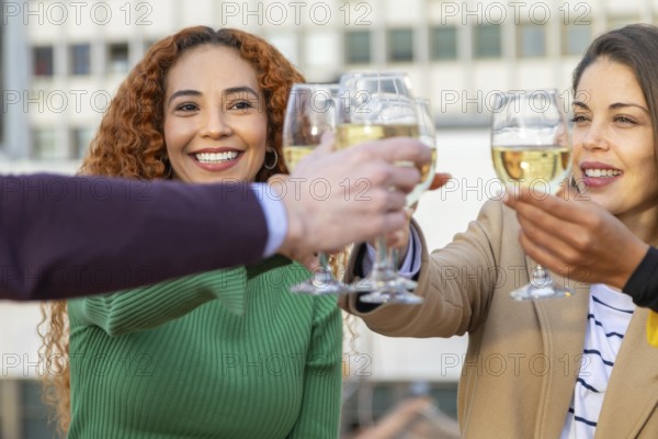 A cheerful group of friends clink glasses in a joyful celebration, capturing the essence of