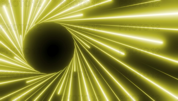 Abstract rendering featuring a glowing green tunnel with dynamic lines radiating towards a central