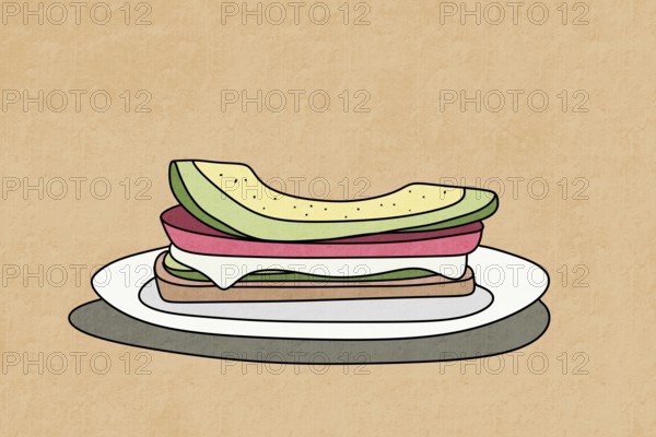 A colorful illustration featuring a sandwich with avocado, tomato, and cheese slices on a plate