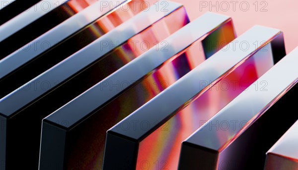 A stunning 3D render featuring sleek metal bars with colorful crystal highlights The reflective