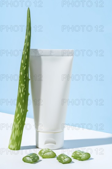 This image portrays a simple and clean representation of beauty and skincare featuring a white tube