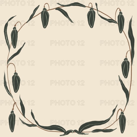 An artistic illustration featuring an elegant frame composed of delicate, dark green floral