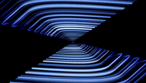 This is a captivating 3D render featuring symmetrical blue glowing lines that fold into a dark
