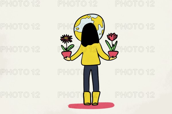 A whimsical illustration of a woman with a globe head, standing with arms outstretched, holding a