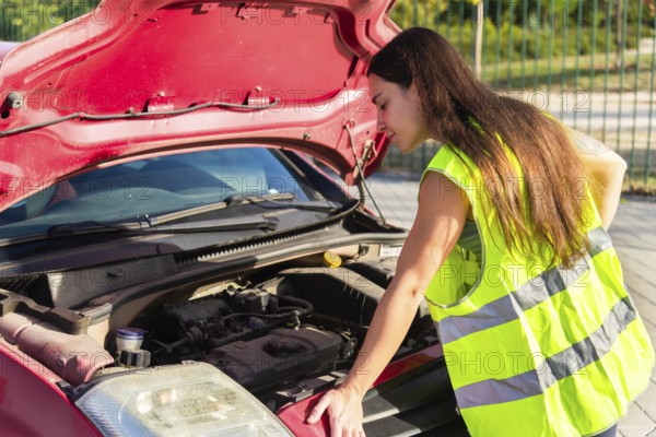 A woman in a reflective safety vest inspects a car engine by the roadside, with the hood open,